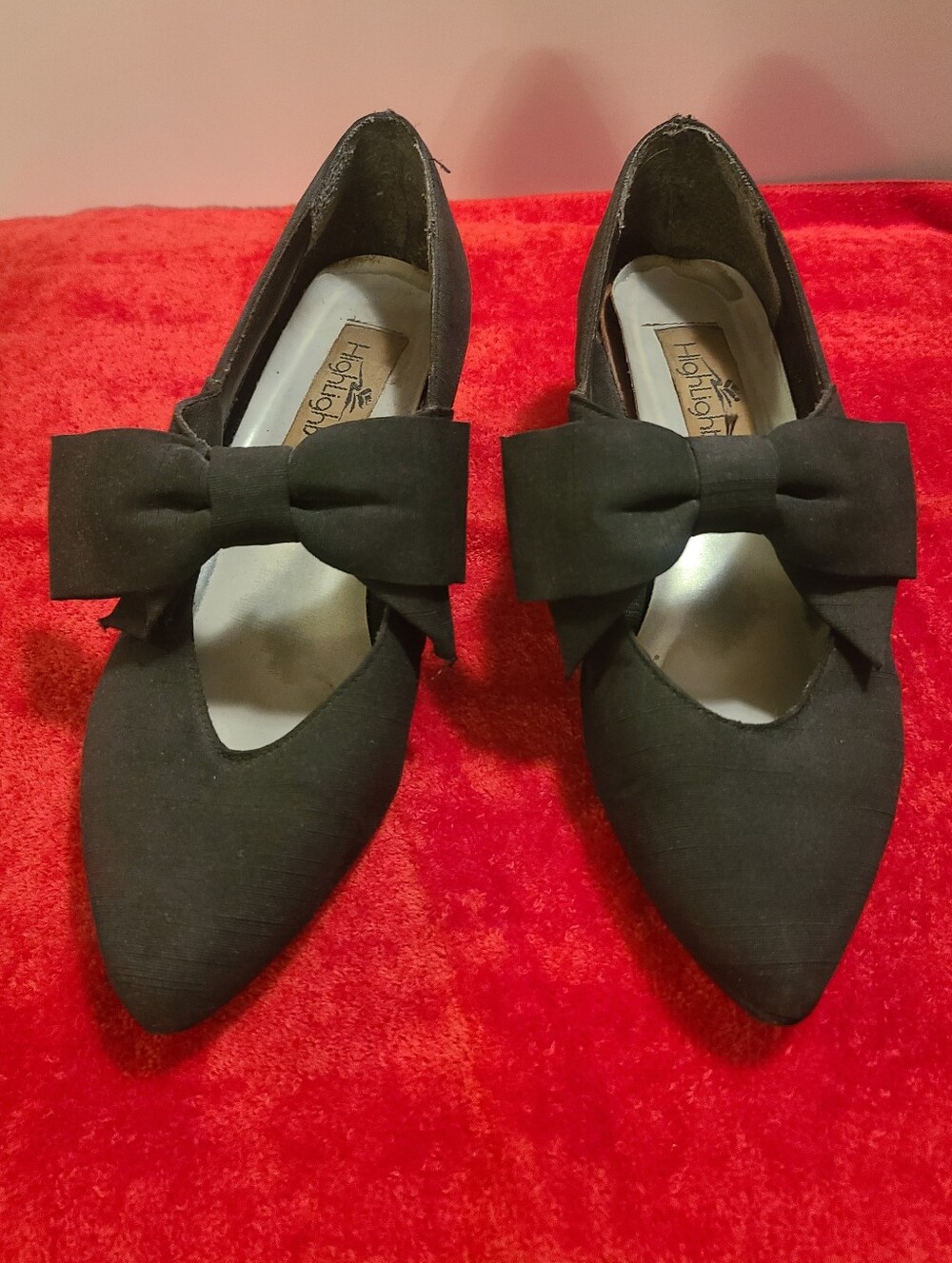 Highlights Vintage 80s Black Bow Pointed-Toe Fabric Kitten Heels, 6